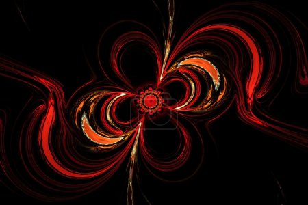 Resumen de los misteriosos resplandecientes remolinos de flores rojas en el espacio oscuro. Gráficos de arte fractal
