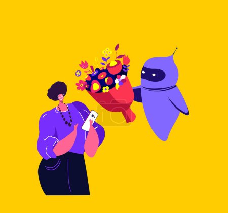 Feliz día de San Valentín, cumpleaños o vacaciones Robot Cyborg Chat Bot Dar ramo de flores para niña en la aplicación móvil. Inteligencia artificial Enviar paquetes a los clientes. Compras en línea plana Vector Ilustración Feliz día de San Valentín, cumpleaños o vacaciones Robot Cyborg Chat Bot Dar ramo de flores para niña en la aplicación móvil. Inteligencia artificial Enviar paquetes a los clientes. Compras en línea plana Vector Ilustración