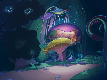 Photo for Colorful big magic mushrooms in the forest at night. Fairy tale cartoon stylish raster illustration. - Royalty Free Image