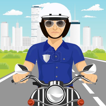 confident policeman with sunglasses riding motorcycle through the city streets