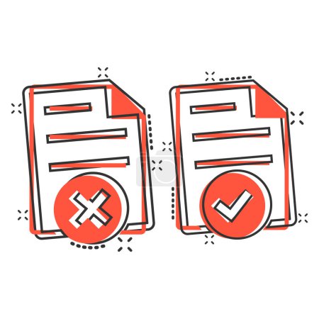 Ilustración de Documento aceptado y dañado icono en estilo cómic. Correcto, ilustración de vectores de dibujos animados rotos sobre fondo blanco aislado. Comprobar mensaje splash concepto de negocio efecto. - Imagen libre de derechos