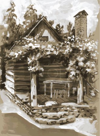 Véranda d'été entrelacée de raisins. Grisaille, monochrome, sépia, etude
