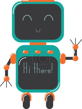 Ilustración de Imagen vectorial de un lindo robot con pantallas en su rostro y cuerpo, saludando y diciendo hola allí. Dibujado en estilo infantil, naranja y azul. Tiene botones en su cuerpo, y ruedas para el movimiento. - Imagen libre de derechos