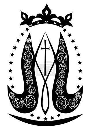 Ave Maria. Monogram of the Blessed Virgin Mary with crown, cross and stars. Religious signs. Vector design.