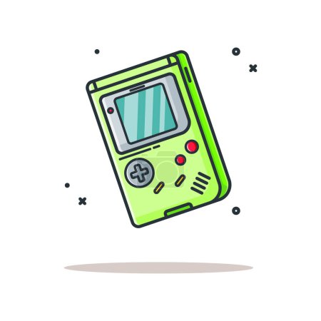 Téléchargez les illustrations : Illustration d'icône vectorielle Gameboy dans un style de bande dessinée plate pour les pages d'atterrissage Web avec bannière ou autocollant et arrière-plan - en licence libre de droit