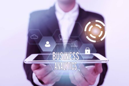 Photo for Conceptual caption Business Analytics, Word for methodical exploration of an organization s is data Lady In Uniform Holding Touchpad Showing Futuristic Virtual Interface. - Royalty Free Image