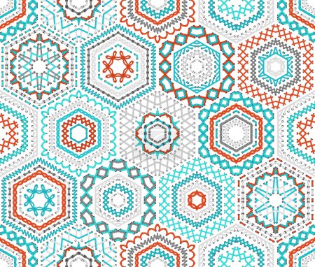 Illustration for Vector high detailed stitches on white background. Red, blue, grey boundless background. - Royalty Free Image