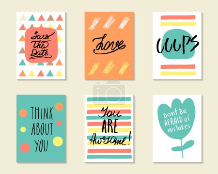 Photo for Cute hand drawn doodle postcards, cards, covers with different elements and quotes including love, think about you, you are awesome, ooops, save the date. Positive printable templates set - Royalty Free Image