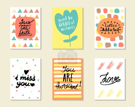 Photo for Cute hand drawn doodle postcards, cards, covers with different elements and quotes including love, i miss you, you are awesome, coffee addicted, save the date. Positive printable templates set - Royalty Free Image