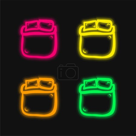 Bed Of Double Size Hand Draw four color glowing neon vector icon