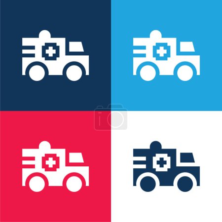 Conjunto de iconos mínimo de cuatro colores azul y rojo de ambulancia