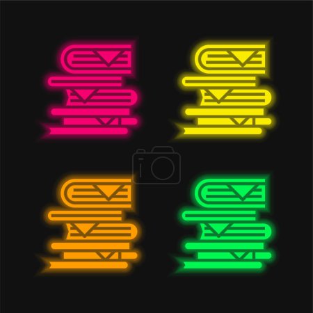 Book Pile four color glowing neon vector icon