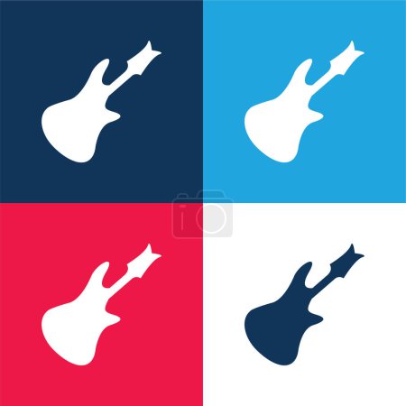 Bajo guitarra silueta azul y rojo de cuatro colores mínimo icono conjunto