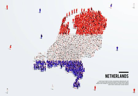 Países Bajos Mapa y Bandera. Un gran grupo de personas en la forma de color bandera de los Países Bajos para crear el mapa. Ilustración vectorial.