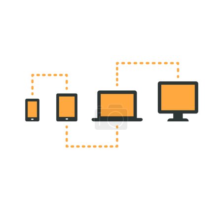 Ilustración de Dispositivos electrónicos conectados (smartphone, tablet, laptop y computadora de escritorio) que simbolizan el contenido web multiplataforma
. - Imagen libre de derechos