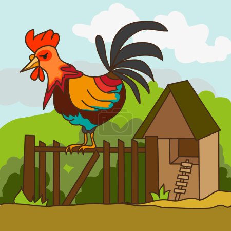 Ilustración de Gallo de color sentado en la valla. Ilustración vectorial perfecta para libros infantiles y postales - Imagen libre de derechos
