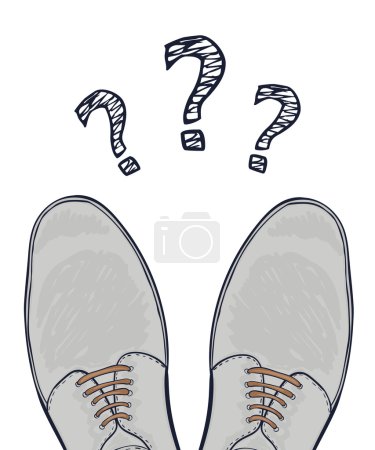 Ilustración de Concepto de negocio para hacer una selección. Pies en zapatos masculinos en la carretera. Un montón de preguntas. Ilustración vectorial - Imagen libre de derechos