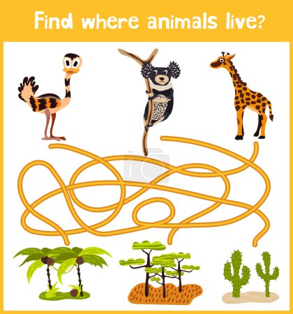 Divertido y colorido juego de puzzle para el desarrollo de los niños encontrar donde un mono, una jirafa y la UEM australiana. Laberintos de formación para la educación preescolar. Vector
