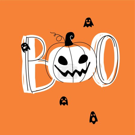 Happy Halloween illustration of pumpkin jack o lantern with angry face saying boo