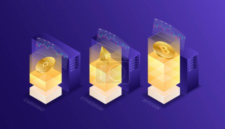 Ilustración de Criptomoneda, bitcoin, etéreo, cardano, blockchain, minería, tecnología, Internet IoT, seguridad, isométrica 3d ilustración vector diseño cpu ordenador - Imagen libre de derechos