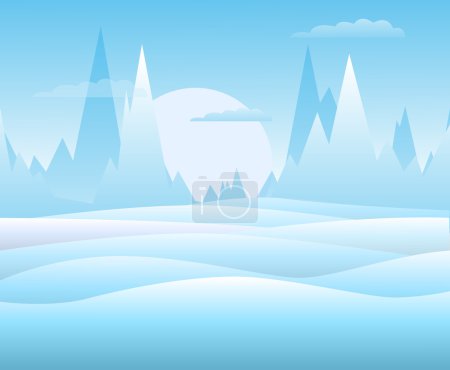 Vector. Paisaje invernal con montañas, nubes y colinas nevadas
