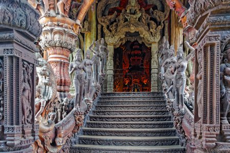 Photo for Stairs and wooden sculptures at the entrance to the Sanctuary of Truth. Pattaya, Thailand - Royalty Free Image