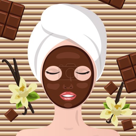 Illustration for Spa therapy. Chocolate spa  party. Girl lying, his eyes closed. - Royalty Free Image