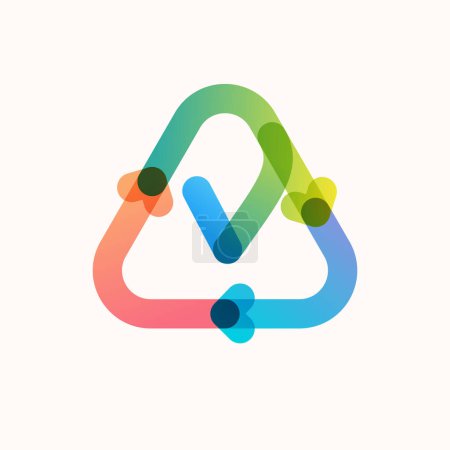 Ilustración de Logotipo de línea de letra V dentro del símbolo de reciclaje en forma triangular con flechas. Colorido emblema de superposición de gradiente para sus ilustraciones ecológicas, y proyectos de vida libre de plástico y cero residuos. - Imagen libre de derechos