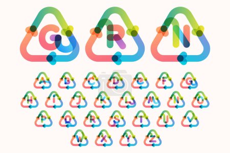 Ilustración de Alfabeto dentro del símbolo de reciclaje en forma triangular con flechas. Colorido emblema de superposición de gradiente para sus ilustraciones ecológicas, y proyectos de vida libre de plástico y cero residuos. - Imagen libre de derechos