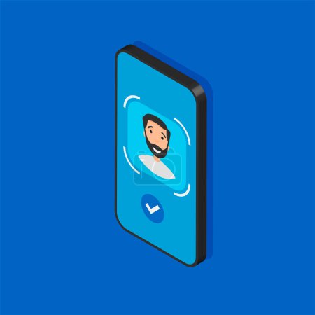 Ilustración de Teléfono isométrico con tecnología de identificación facial en pantalla. Proceso de escaneo facial en una pantalla. Señales del sistema de reconocimiento facial. Detección y acceso a símbolos de seguridad. Ilustración vectorial. - Imagen libre de derechos