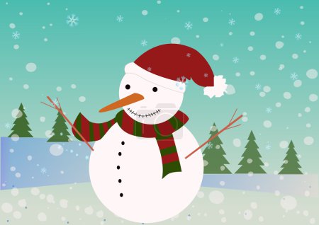 Beau bonhomme de neige bleu sur un fond enneigé avec des arbres 