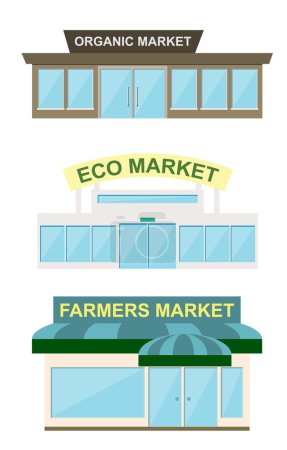 Photo for Storefront icon set, raster illustration. Organic market, eco market and farmes market storefront. - Royalty Free Image