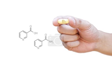 Photo for Hand holding vitamin B3 pill with clipping pat - Royalty Free Image