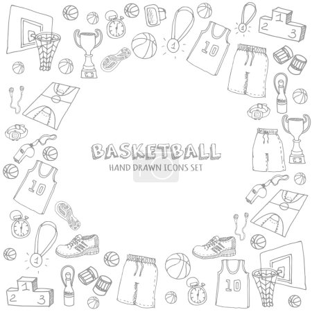 Téléchargez les illustrations : Ensemble de basket gribouillé dessiné à la main. Illustration vectorielle. Icônes liées au sport, éléments de basket-ball - en licence libre de droit