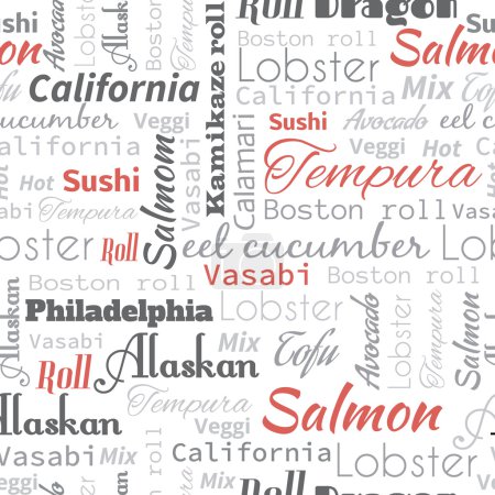 Sushi y rollo de palabras, etiquetas. Patrón sin costura
Sushi y rollo de palabras, etiquetas. Patrón sin costura
