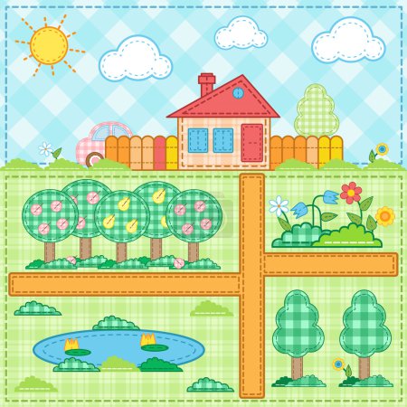 Illustration for House with a garden, pond, flower beds and car. Summer.Seamless fabric pattern. - Royalty Free Image