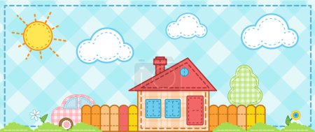 Illustration for The house with car against the sky with the sun and clouds. Checkered pattern. - Royalty Free Image