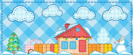 Illustration for The winter house with Christmas tree, snowman and car. Checkered pattern. - Royalty Free Image