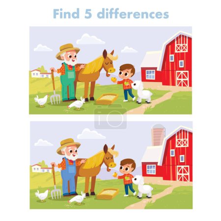 Illustration for Find spot 5 differences. Educational matching game for children. Cartoon vector illustration. Old MacDonald farmer stand beside horse. Farm building. Farmer with horse. Countryside background. - Royalty Free Image