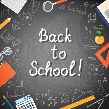 Illustration for Modern concept for education time with calligraphy text Back to School, colorful icons and hand drawn symbols on the blackboard - eps 10 - Royalty Free Image