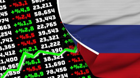 Russia Realistic Flag, Stock Finance Market Rising, Fabric Texture Effect 3D Illustration
