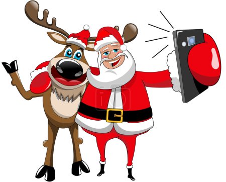 Renos y santa claus abrazando y tomando selfie aislado
