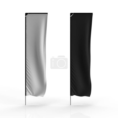 3D-Rendermockup der schwarz-weißen Teleskopfahne Set Banner Flagge isoliert auf weißem Hintergrund mit Aluminiumstangen und einer Injektion modellierten Kunststoff-Verbindungsecke. Illustration, Attrappe.