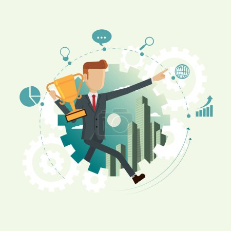 Ilustración de Empresario sosteniendo premio corriendo dentro de rueda de engranaje y negocio conjunto de iconos para el éxito. conceptos vector ilustración - Imagen libre de derechos