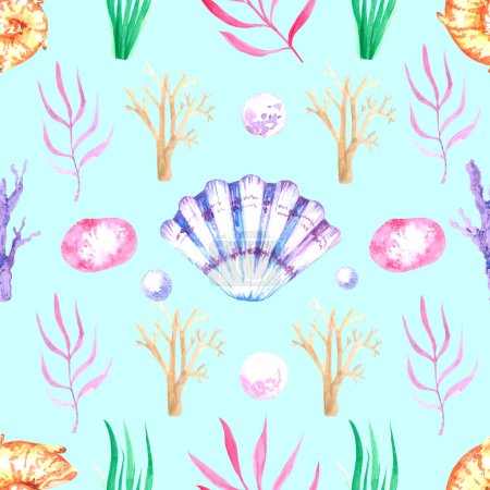 Photo for Hand-drawn watercolor pattern with shells - Royalty Free Image