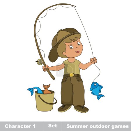 Illustration for One young fisherman in cap with rod caught fish. Cartoon character baby boy . Summer kids outdoor hobby games for children. Summer outdoor games for children. Kids summer games - Royalty Free Image