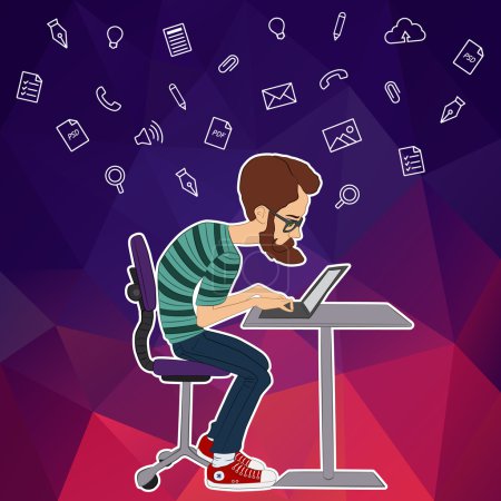 Illustration for Vector illustration of workplace and coworking. Social network and web icons. UX designer and internet sharing. Icon set of cloud sharing technology and service. Character designer man in hackathon - Royalty Free Image