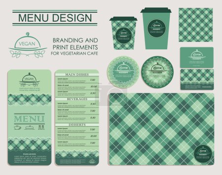 Ilustración de Elementos de marca e impresión para cafetería vegetariana. Plantilla para branding identidad restaurante o cafetería. Conjunto de menú, tarjetas de visita, etiquetas. Concepto de diseño brillante en verde
. - Imagen libre de derechos