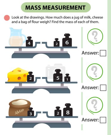 Ilustración de Juego de matemáticas, juego de educación para niños. Medición de masa. Escalas. ¿Cuánto cuesta una jarra de leche, queso y una bolsa de harina? Rompecabezas lógico para niños. Diseño de vectores de hoja de trabajo para niños en edad preescolar y escolares. - Imagen libre de derechos