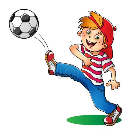 Illustration for Boy in a red cap and striped t-shirt  with a soccer ball isolated on white background - Royalty Free Image